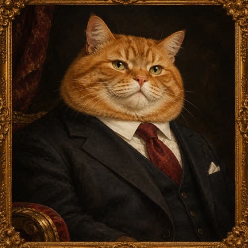 Chairman Meow, an oil painting of a cat in a suit
